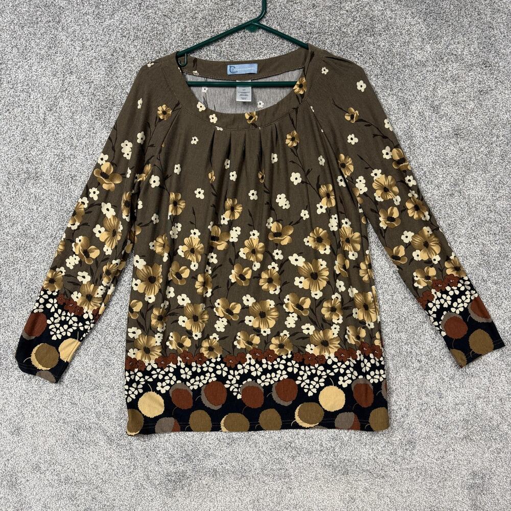 Classic Elements Tunic Top Womens M Brown Floral Pleated Boho Cottagecore Fall